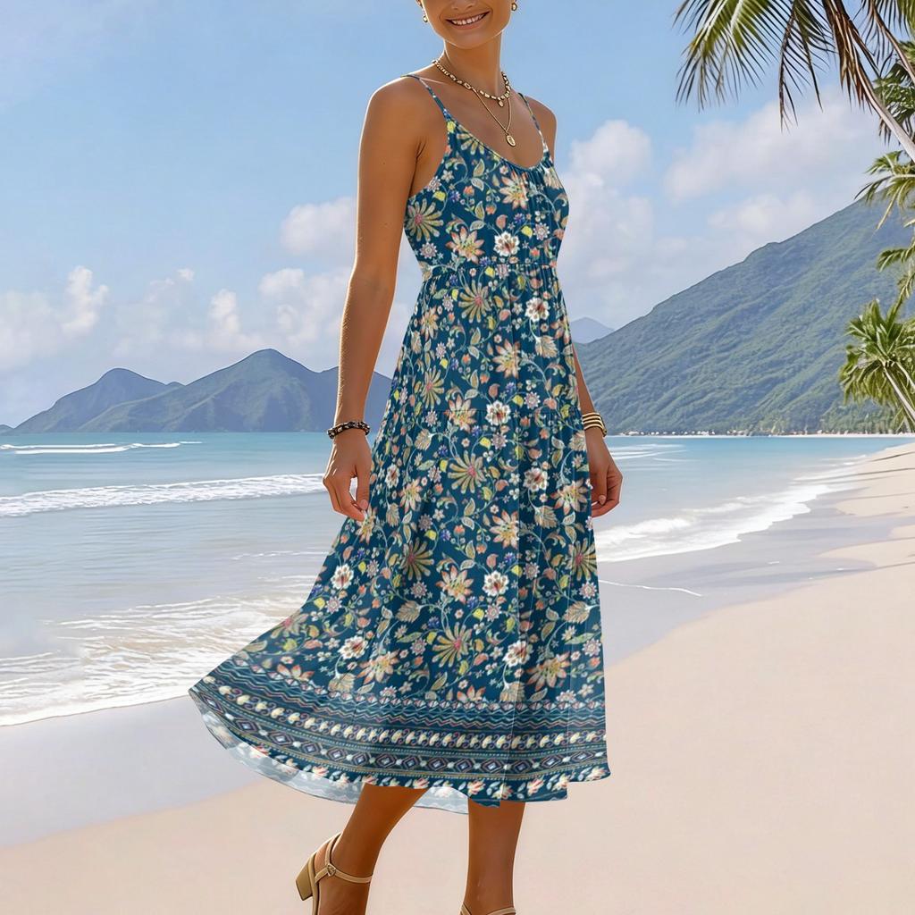 Women Summer Floral Print Adjustable Strap Pocket Bohemian Casual Beach Vacation Sundress Loose Fit Sleeveless Dress