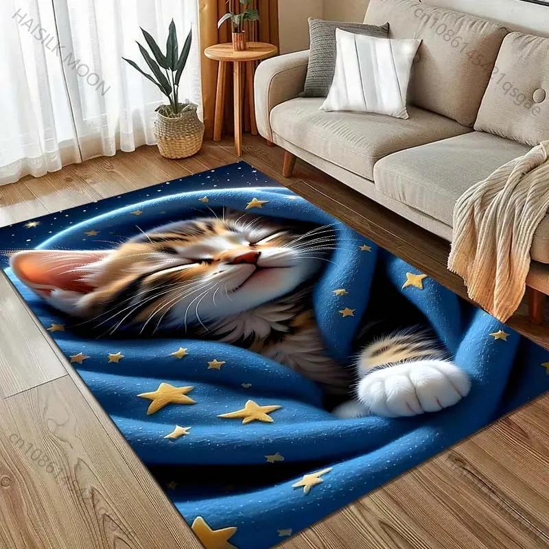 15 Sizes Blue Blanket Cat Print Carpet for Bedroom Living Room Bedside Sofa Floor Mat Modern Home Decor Play Area Rug Great Gift