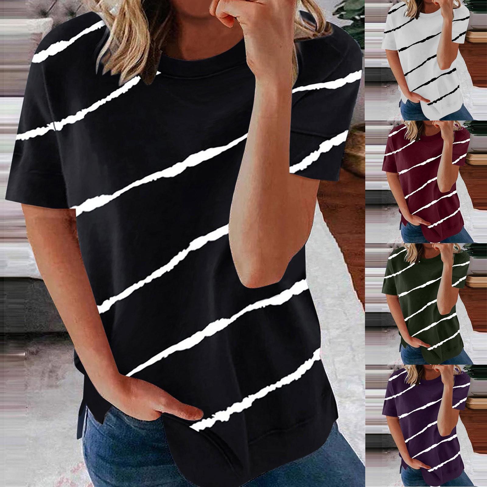 

Women s Casual Fashion Short Sleeve Striped Printed Round Neck Pullover T-shirts