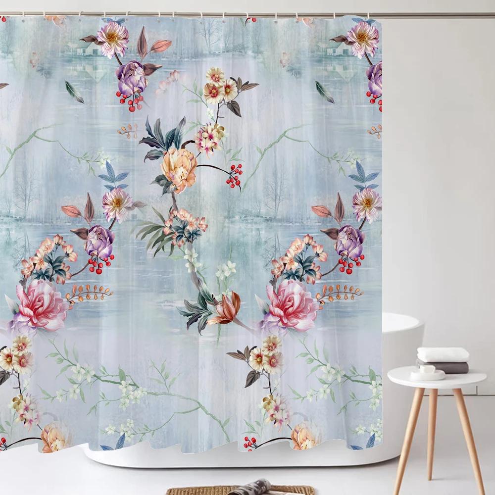 Watercolour Flowersleaves Shower Curtain Morden Art Floral Waterproof Fabric Bathroom Curtains Room Decor Curtain With Hooks