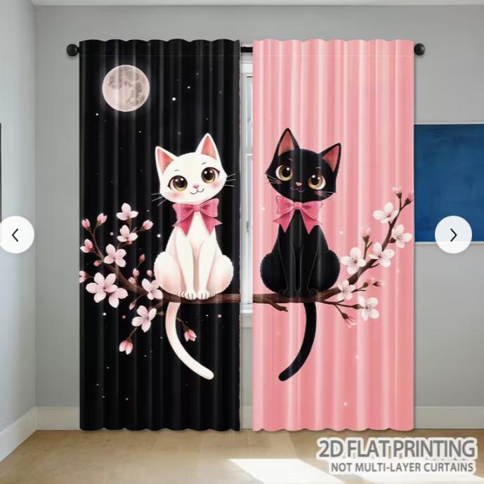 2pcs, Rustic Animal Cat Curtains, Decorate Window Rod Pocket Mount Printed Curtains Polyester Material, Suitable for Living Room