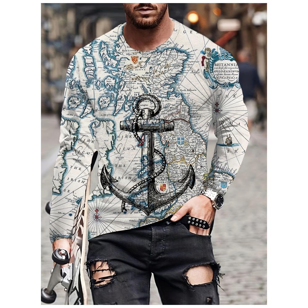 Camiseta de Manga Larga con Estampado 3D de Ancla y Brújula, Top de Primavera y Otoño para Hombre, Retro Street, Oversized, Cuello Redondo