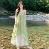 French fresh green lace floral splicing suspender dress women's summer temperament seaside vacation irregular long dress