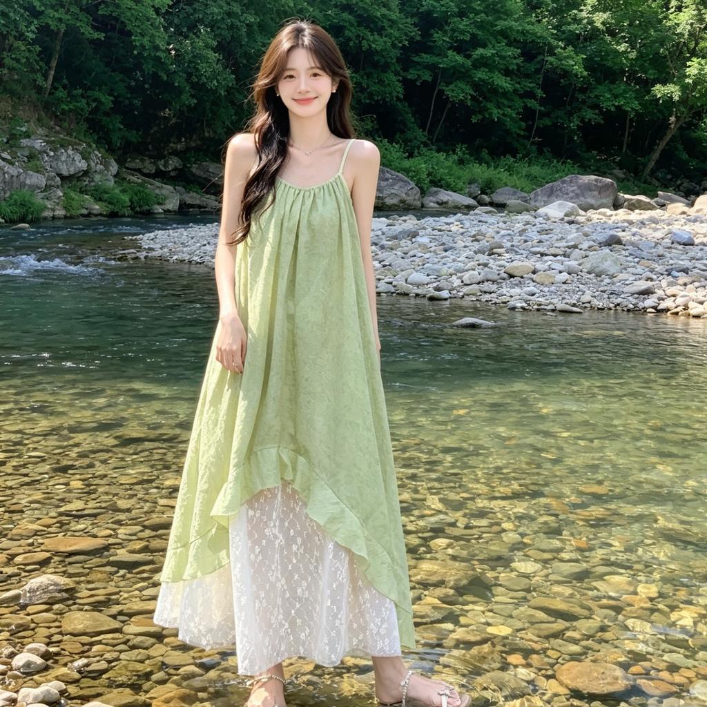 French fresh green lace floral splicing suspender dress women's summer temperament seaside vacation irregular long dress