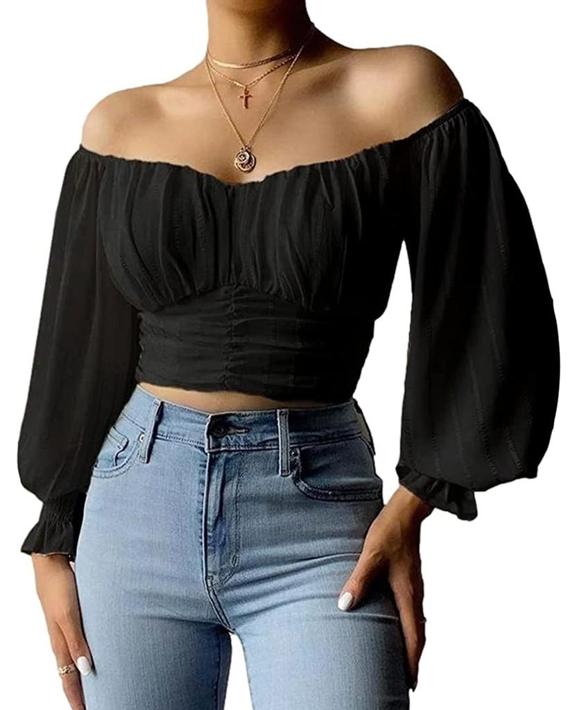 Womens Off Shoulder Chiffon Blouse Puff Sleeve Slim Fit Summer Party Top