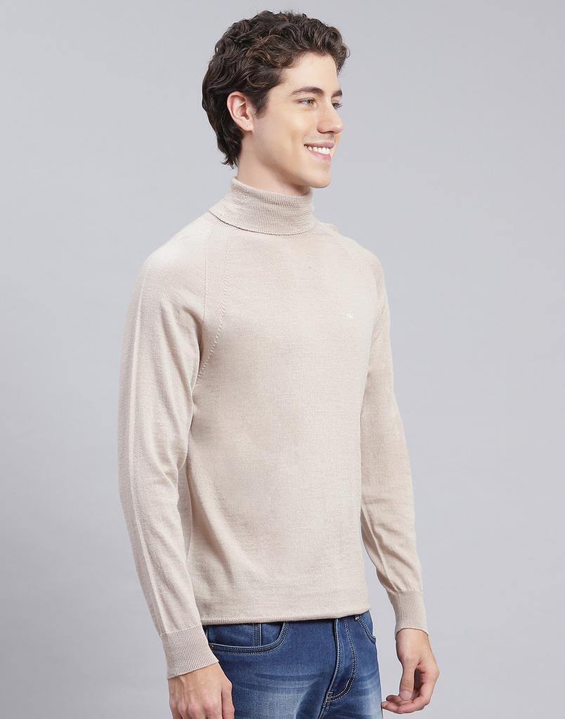 MONTE CARLO Mens Solid Beige High Neck Full Sleeve Pullover