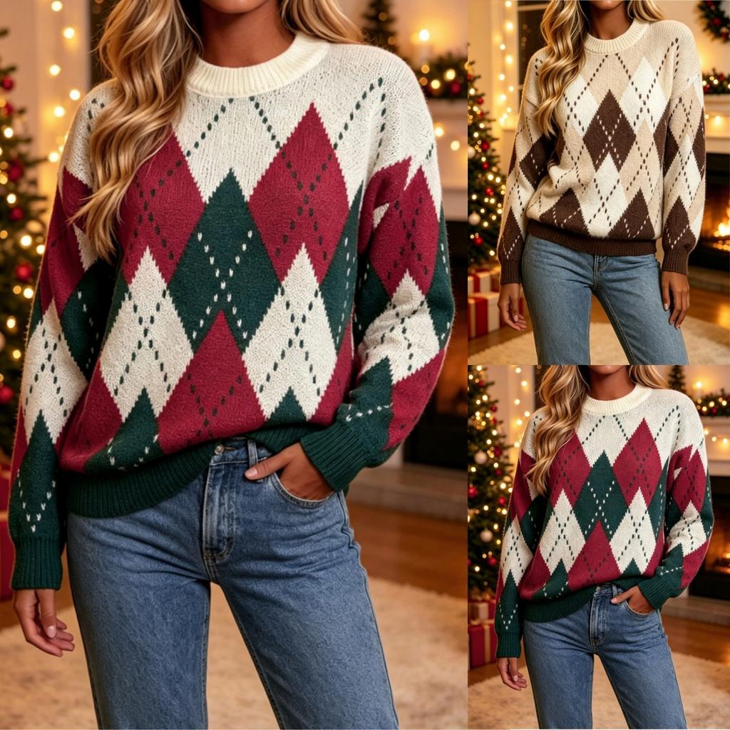 Women's Christmas Pullover Sweater Cozy Long Sleeve Neck for Winter Holiday