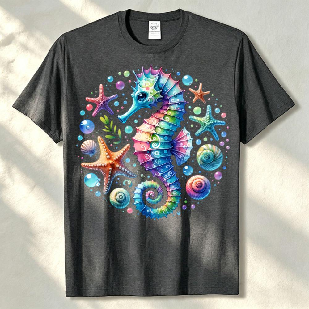 Rainbow Seahorse Starfish Seashell Ocean Graphic Unisex Cotton Tee Beach Sea Life Summer Vacation Casual Basic Apparel Wear Top
