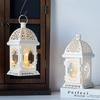 2Pcs Vintage Candle Holder Lantern Retro Metal Candle Lantern White Hanging Lantern with LED Fairy Light for Tabletop Home Decor