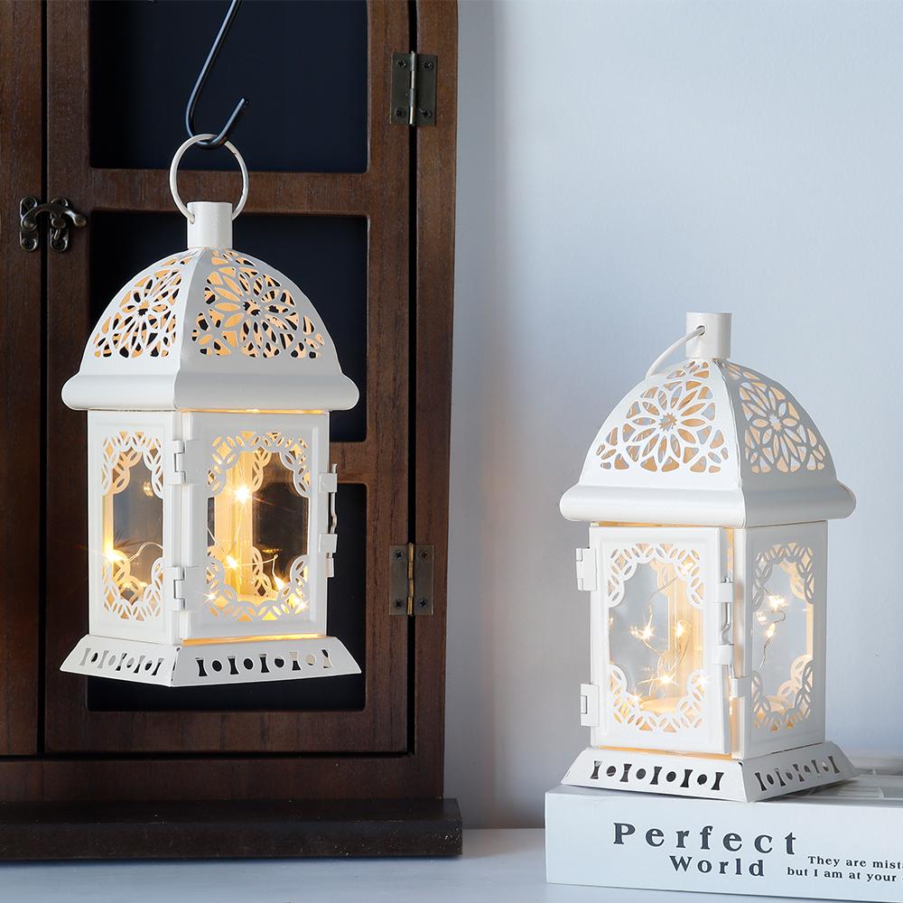 2Pcs Vintage Candle Holder Lantern Retro Metal Candle Lantern White Hanging Lantern with LED Fairy Light for Tabletop Home Decor