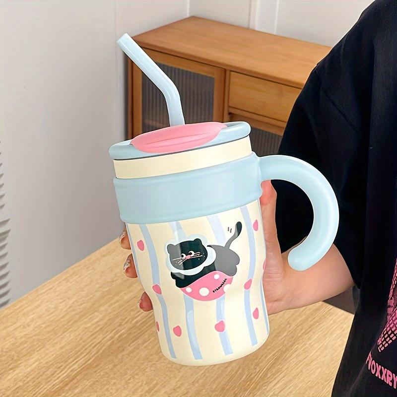 700ML Car Cup Cute Cat Thermos Cup SUS316 Outdoor Travel Portable Large Capacity Ice Cup with Handle Straw as a Birthday Gift