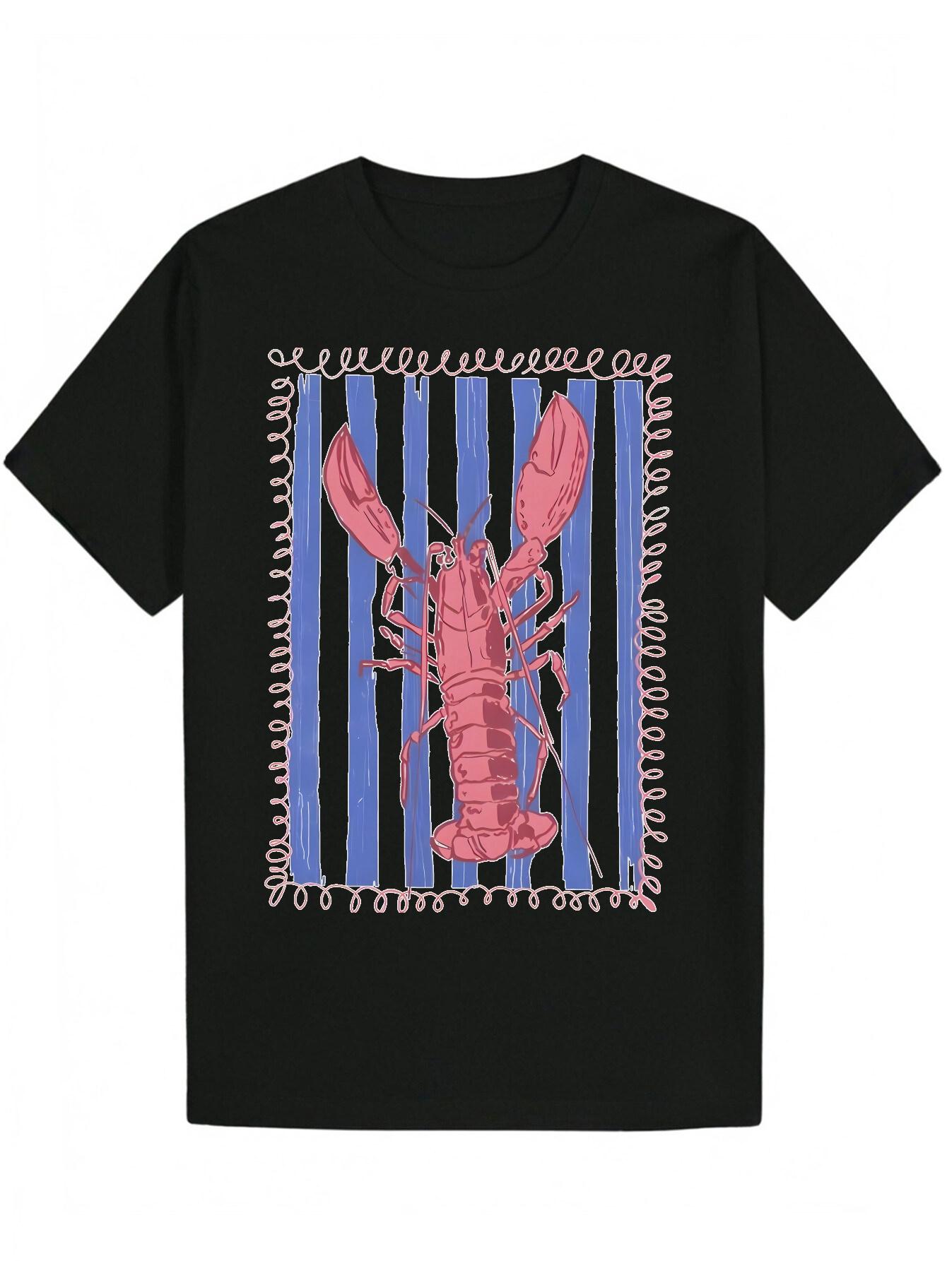 Lobster Graphic T-shirt - Black with Pink & Blue Animal Print S