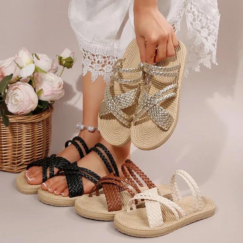 Fashion Women's Shoes Retro Cross Strap Woven Slippers Casual Back-Strap Flats Bottom Ladies Sandals Summer Soft Sole Anti-Slip Slides
