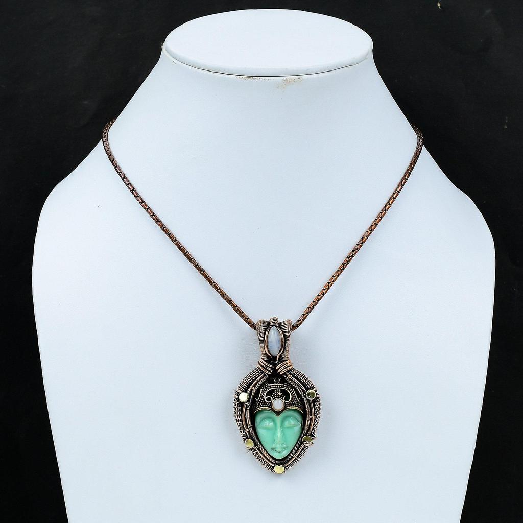 Green Carved Bone Face Gemstone Copper Wire Wrap Pendant Jewelry Gift For Her
