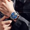 OLEVS Automatic Mechanical Watch with Leather Starry Sky Diamond Skeleton Popular Leather Date Luminous Blue Men's Strap, Dial, Design, Strap,
