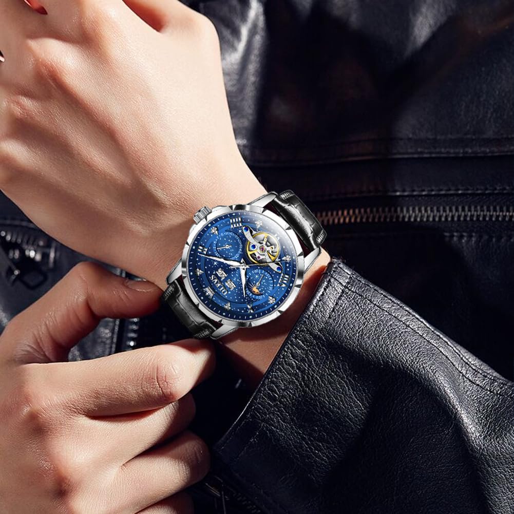 OLEVS Automatic Mechanical Watch with Leather Starry Sky Diamond Skeleton Popular Leather Date Luminous Blue Men's Strap, Dial, Design, Strap,