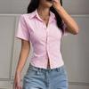 Women Shirt V Neck Short Sleeve Striped Print Casual Tops Slim Fit Summer Shirt Commuting Style Versatile Shirt