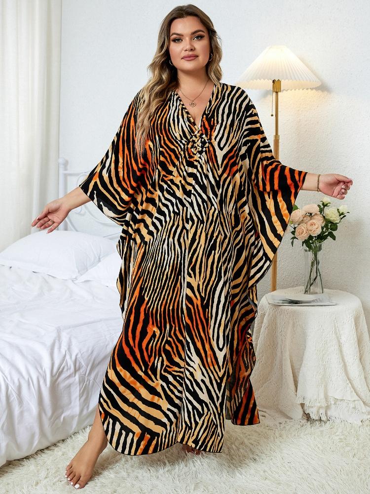 EDOLYNSA Brown Striped Women's Kaftan Cover Up Plus Size House Robe Fresh Dress Beach Wear Homewear Lounge Wear Caftan Q1297