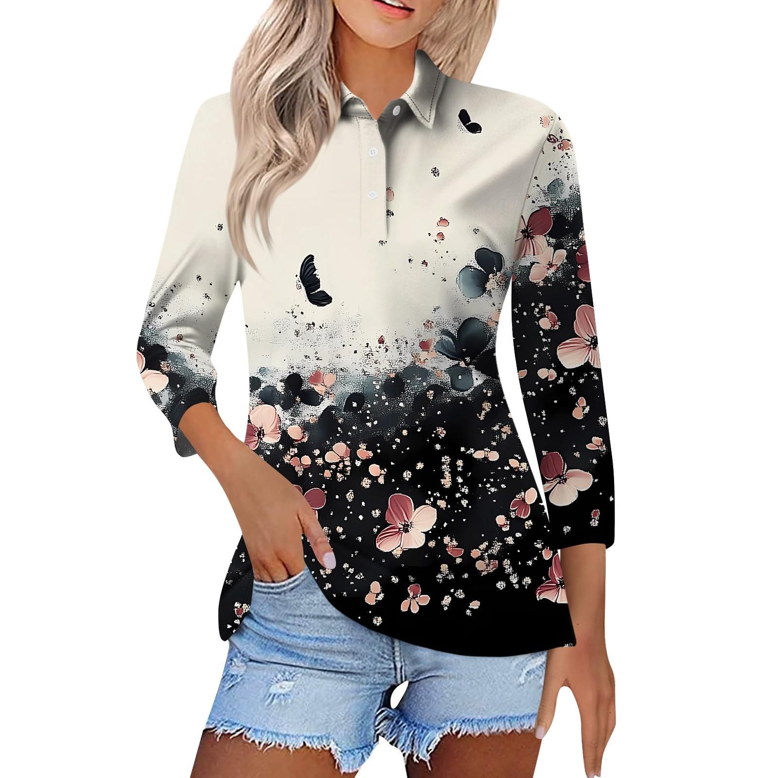 

Женская модная повседневная рубашка с короткими рукавами 3/4 с лацканами и принтом, женские топы на пуговицах XXL чёрный