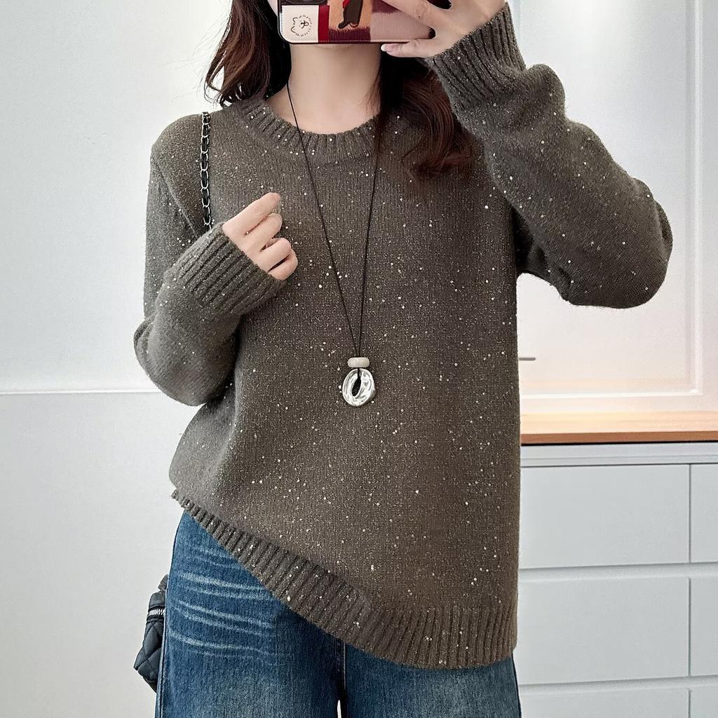Plus Size Women Long Sleeve Sequin Crew Neck Pullover Winter Bottoming Sweater