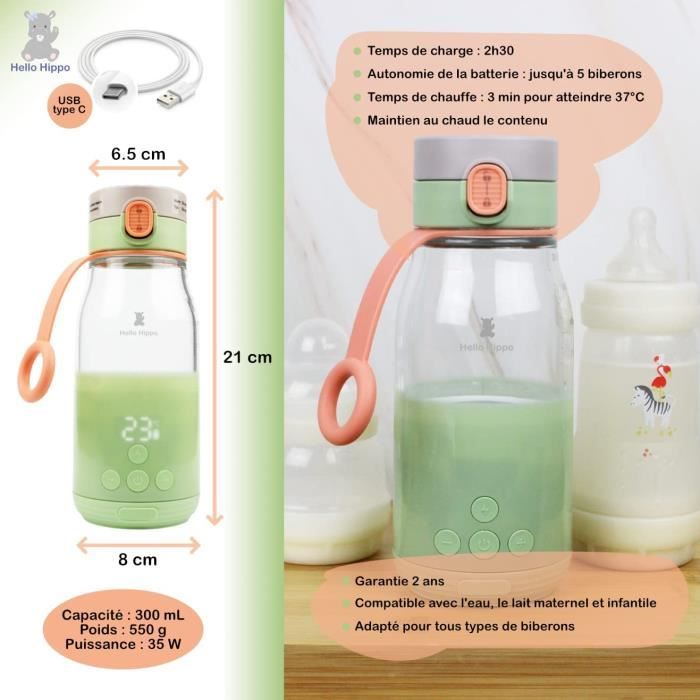 HELLO HIPPO® Scaldabiberon Portatile con Batteria USB - Scaldabiberon da Viaggio e Portatile Latte e Acqua - Capacità 300 ml -
