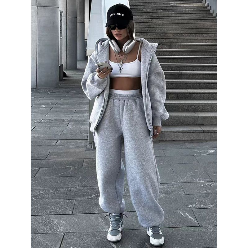 

Western Style Autumn and Winter Casual Polar Fleece Hoodie Trousers Set Hooded Top and Pants Set Melange gray L