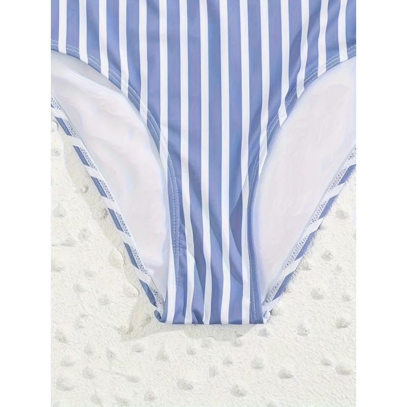 Deep V Neck Vertical Stripe One Piece Swimsuit Ruched High Wais Cut Bathing Suit