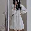 Early Autumn French White Bubble Sleeve Shirt Dress Women's Spring and Autumn New Student Long Sleeve Wear Medium and Long Skirt