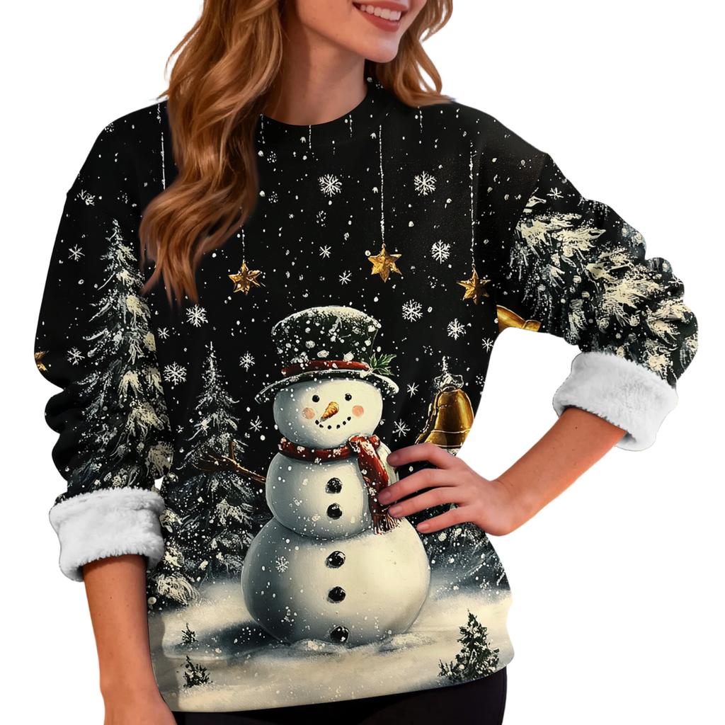 Women's Fashion Casual Long Sleeve Christmas Printed Round Neck Plus Velvet Thickened Sweatshirt