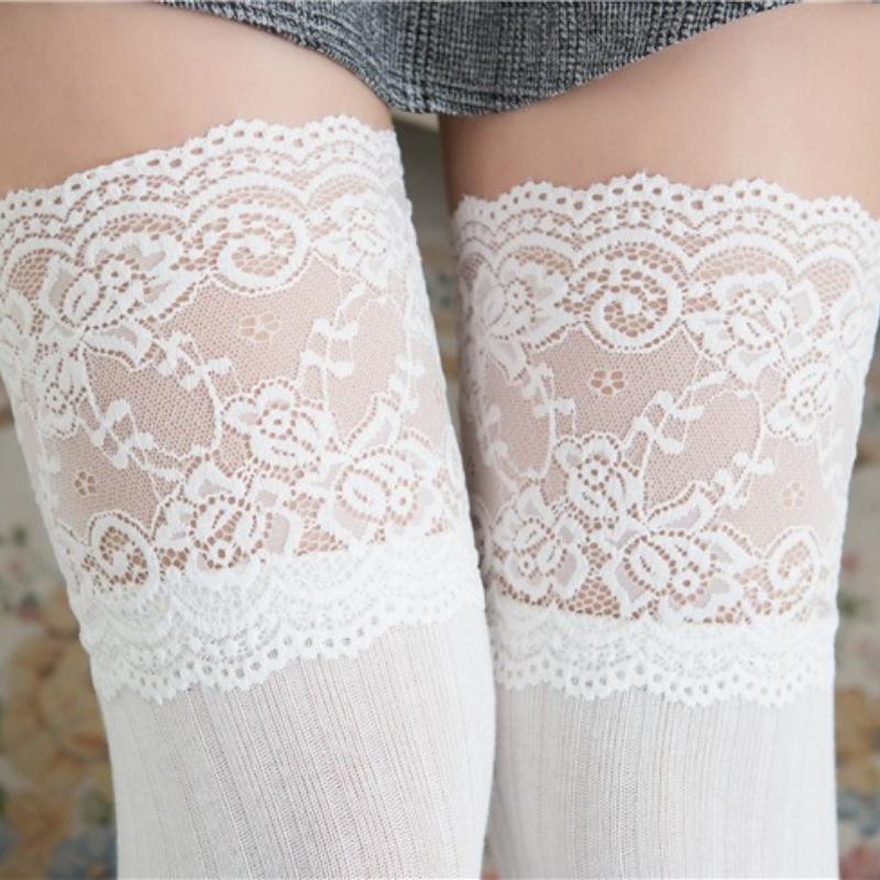 Autumn and Winter Women Lace Slim Thigh High Over The Knee Long Socks Cotton Warm Pure Color Stockings