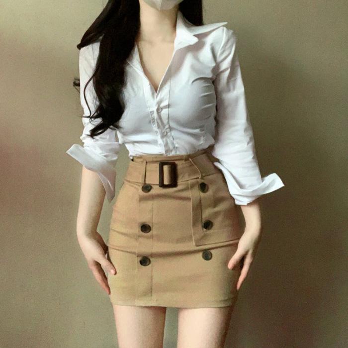 

2026 Spring/Summer Korean Style Women s Slimming Waist-cinching Shirt and Skirt Set Extra Large