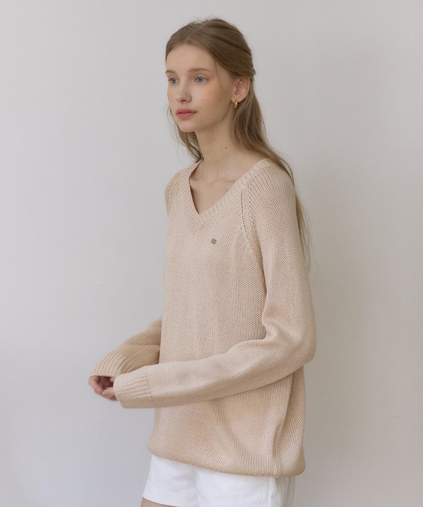 OURHOPE Linen V-Neck Sheer Knit - Beige