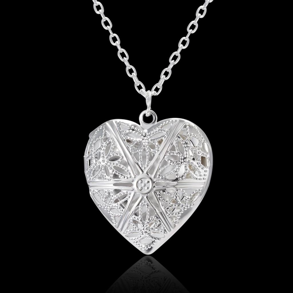 Collana con Ciondolo Medaglione a Cuore Inciso Placcato Argento con Portafoto per Donna
