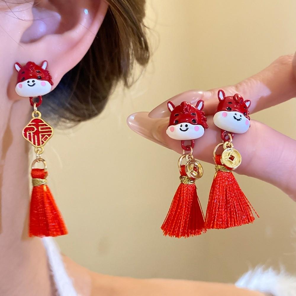 Cartoon Horse New Year Horse Earrings Flocking Horse Mascot Drop Earrings Red Pony Earrings Party