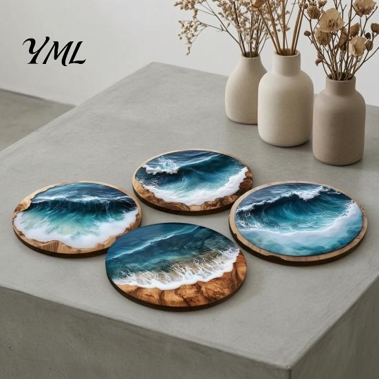 Classroom Desk Decorative Pads 4 Pcs Wooden Coasters, Ocean Wave Design Heat Resistant Round Unique Cup Mats Drink Coaster for Coffee Shop,