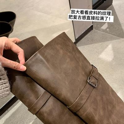 Retro Doppel-Schnalle Dicke Ferse aber Knie Ritterstiefel Damen vielseitige mittelhohe Westernstiefel Damen