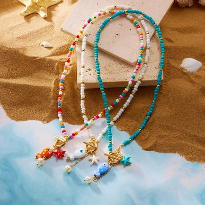 Bohemian Bunter Keramikfisch Anhänger Halskette für Damen Vintage Imitation Perle Seestern OT-Verschluss Halskette Sommer Schmuck