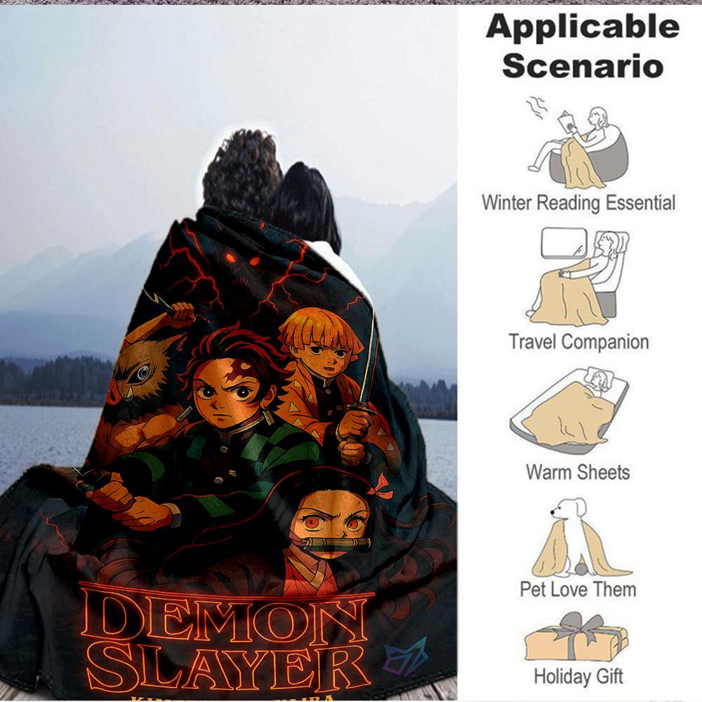 1pc Demon Slayer Flannel Throw Blanket HD Printed Lightweight Soft Warm All Season Blanket for Sofa, Bed, Travel, Camping Machine Washable