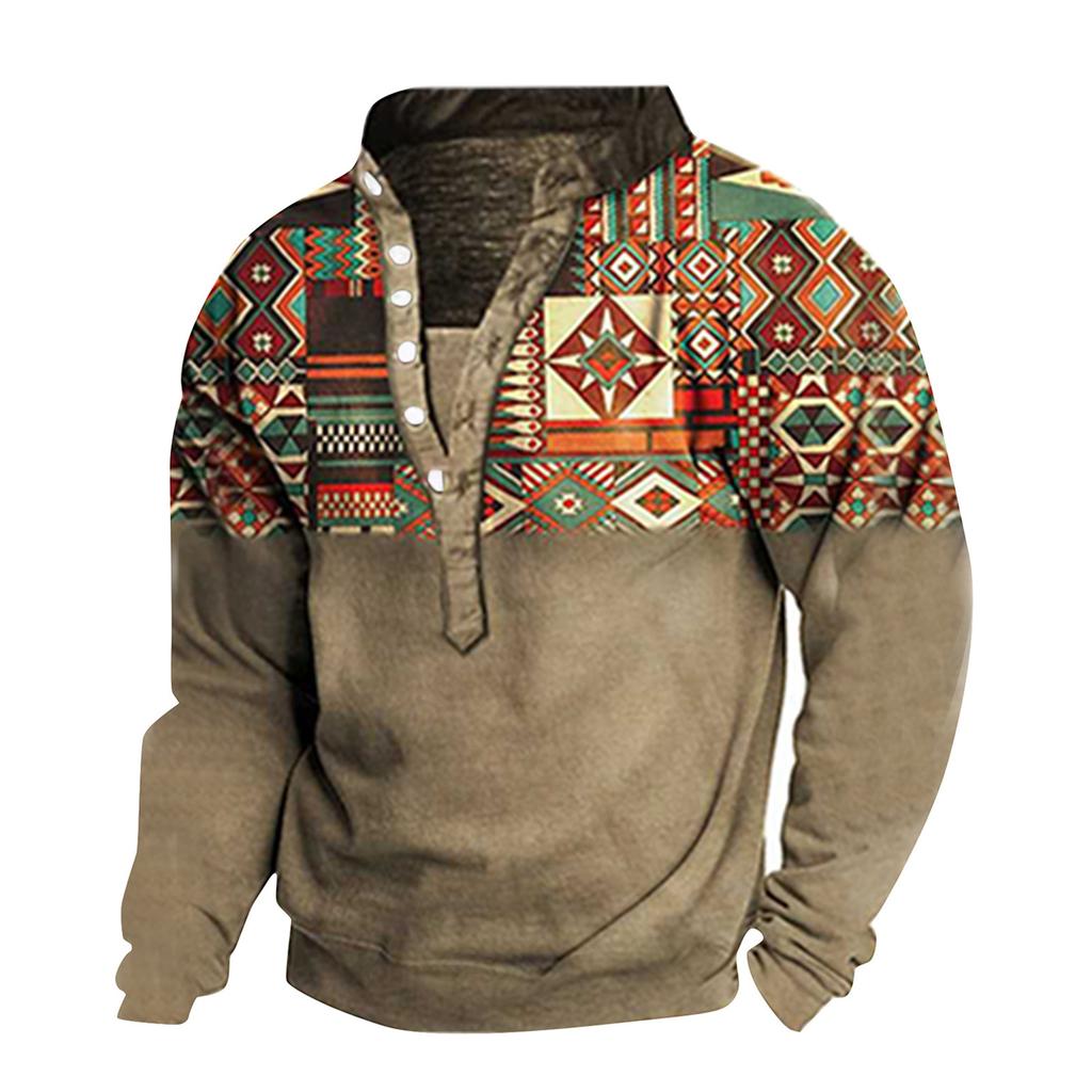 Pullover mit V-Ausschnitt für Herren, 3D-Digitaldruck, Stehkragen, 6 Knöpfe, Vintage-Kragen
