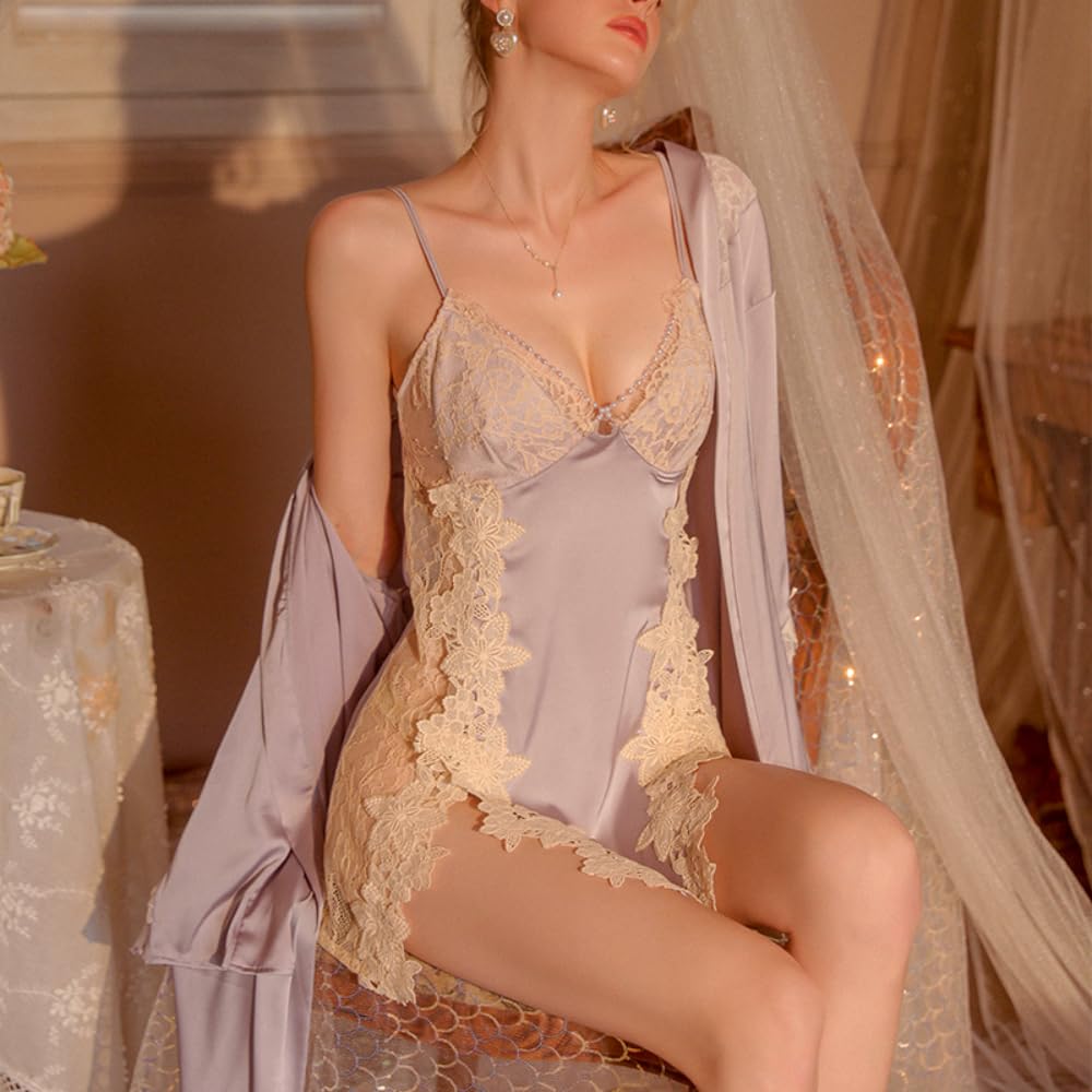 Babydoll Floral Lace Sexy Popular Beautiful Camisole Nightgown Room Wear Lingerie with Chain Elegant [Yayamama] (Purple-B,M)