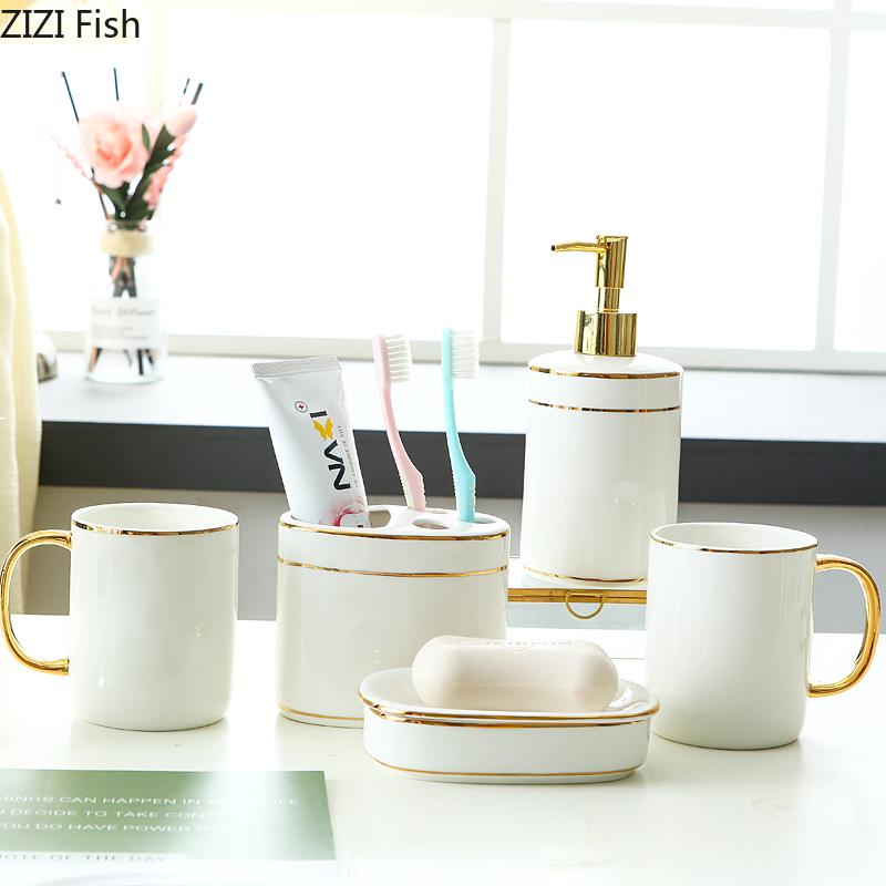 Bathroom Set with Tray Golden Stripes Ceramic Shower Gel Bottle Hand Washing Fluid Bottle Soap Dishes Mouthwash Cup Toiletries