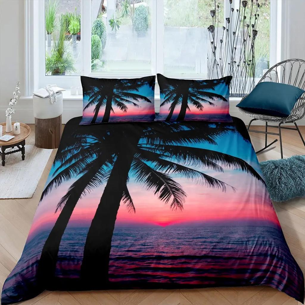 Comforter Tropical Coconut Tree King Queen Surfboard Palm Leaf Bedding Set Summer Ocean Polyester Comforter