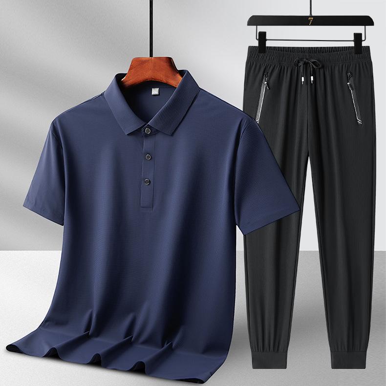 Men's Summer Ice Silk Two-Piece Set: Short Sleeve Top & Long Pants - Casual Sportswear for Father's Day Gift
