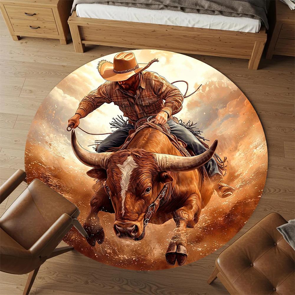 1PC bull riding cowboy Office Round Area Rug, Under Office Chairs Bedroom Living Room Home Decor,Carpet for Office, -1110222