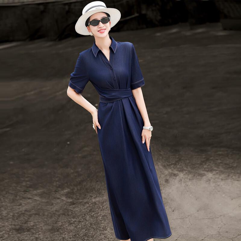 Lanser 2026 Summer Lapel Waist-Cinching Denim-Look Dress L