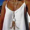Velvet Tassel Ethnic Long Sweater Chain Necklace with Camel Leather Cord