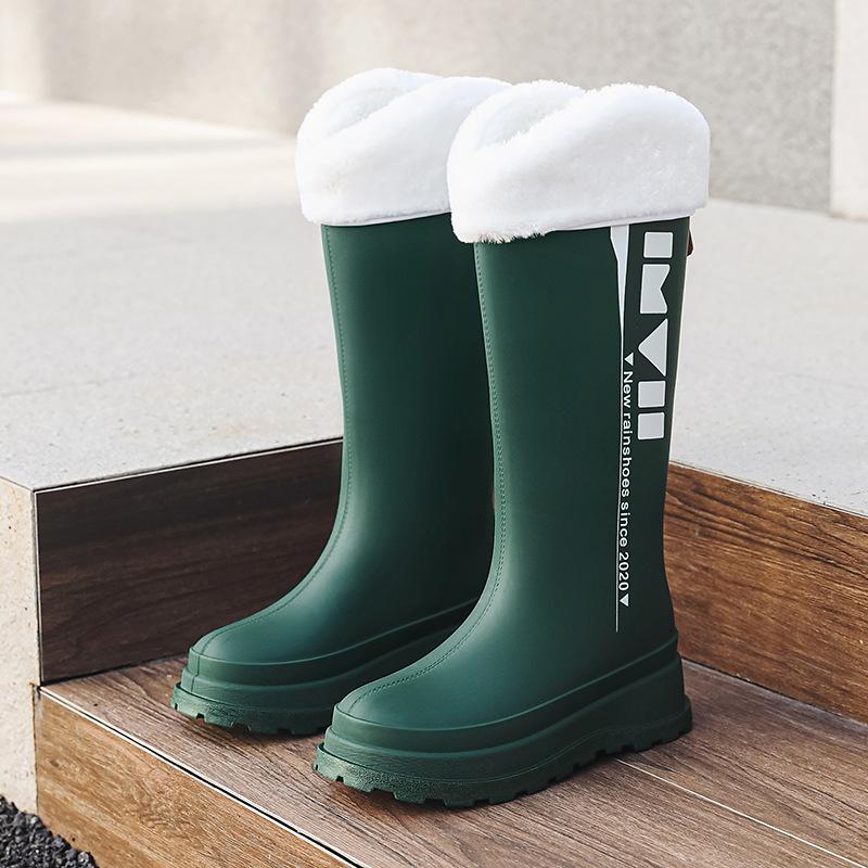 Tall women's rain boots fashionable outer rain shoes women's velvet thermal rubber shoes kitchen non-slip waterproof thick-soled water shoes