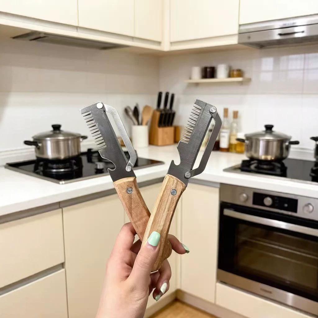 2-in-1 Kitchen Multifunctional Cutter: Scallion Slicer, Shredder, Peeler & Bottle Opener with Wooden Handle