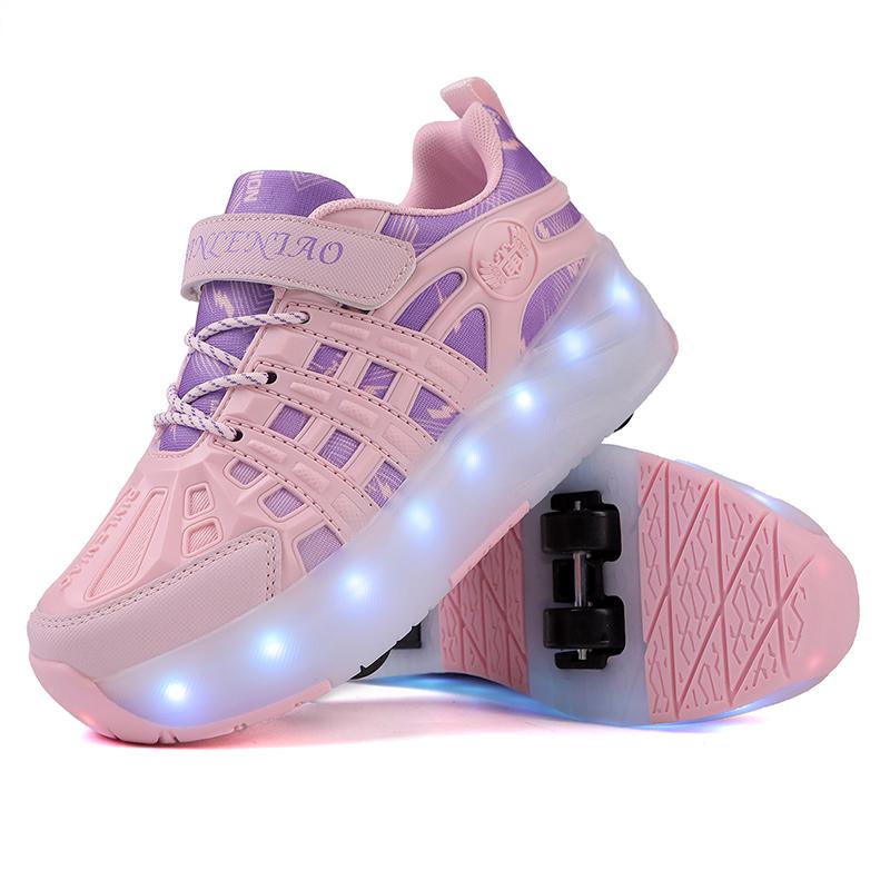 

Четырехколесные роликовые коньки, детская спортивная обувь с выдвижными автоматическими колесами, зарядка через USB, светодиодная спортивная обувь 40 розовый/фиолетовый
