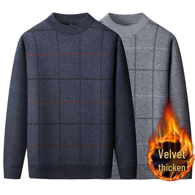 Dad's Warm Plaid Sweater for Middle-Aged & Elderly Men 50s 60s - Plus Velvet, Thick, Round Neck, Autumn & Winter Base Layer.